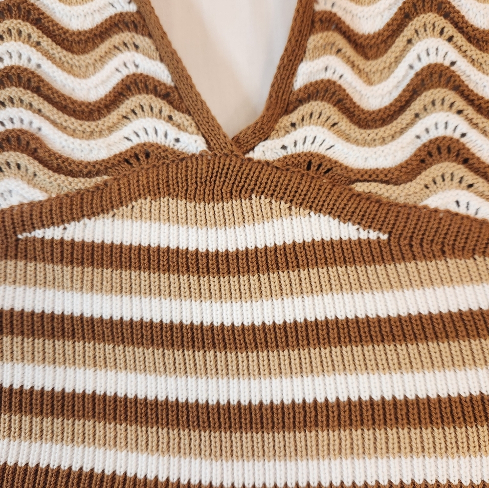 Women's Brown Stripes Crochet Knit Cropped Halter Tank Top Size XL Y2K 90s Brat - Picture 4 of 8